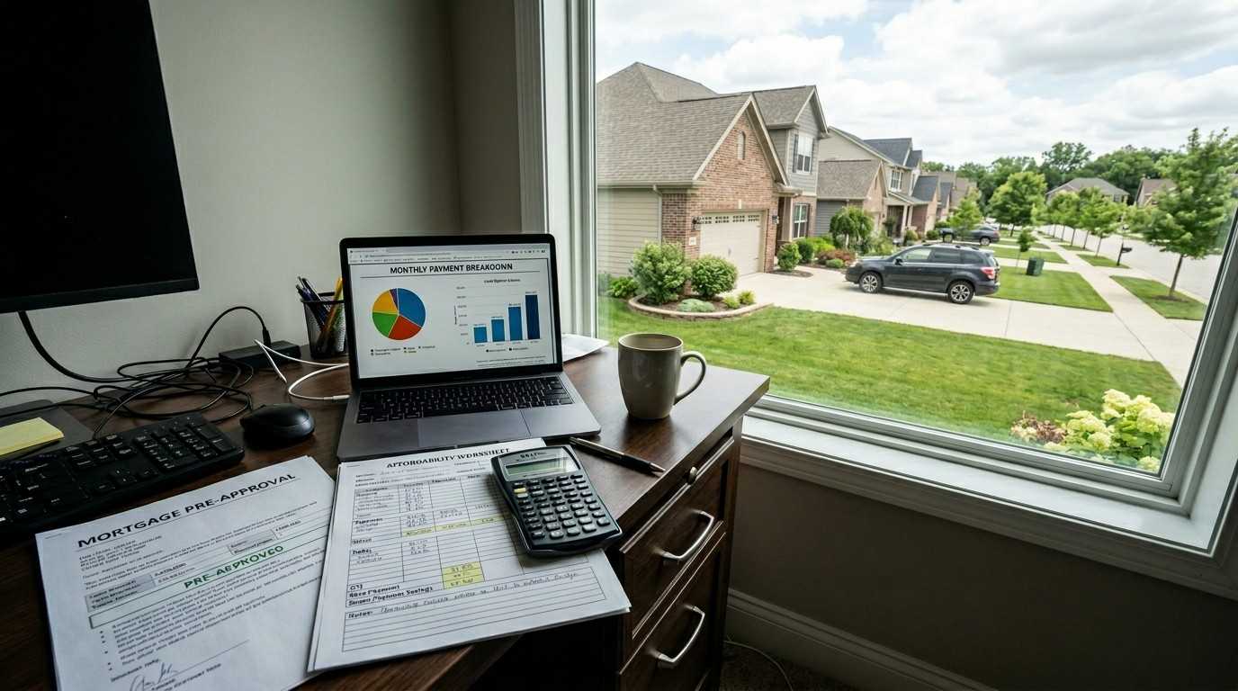 Modern suburban home with mortgage affordability documents, budgeting materials, calculator, and financial planning tools, representing the income and financial preparation needed to qualify for a $400,000 mortgage.