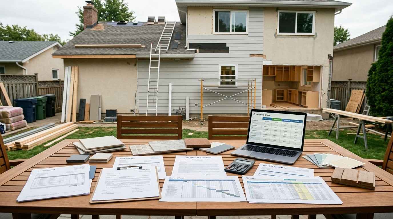 Suburban home renovation project with contractor estimates, contracts, permit paperwork, budgeting documents, and project plans organized for comparison, illustrating how homeowners can avoid being overcharged by contractors.