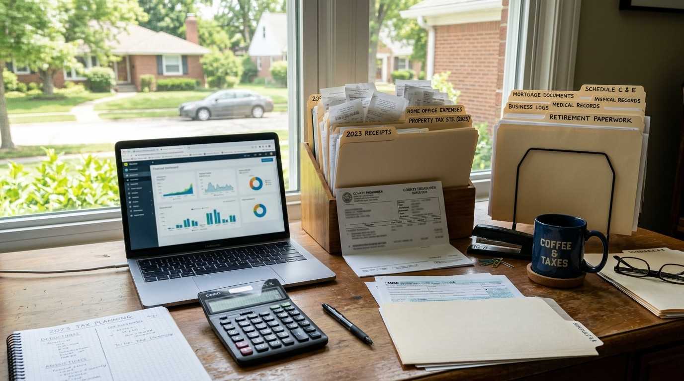 Home office with tax documents, receipts, financial records, calculator, and budgeting materials, illustrating overlooked tax deductions and the importance of organized tax planning and record-keeping.