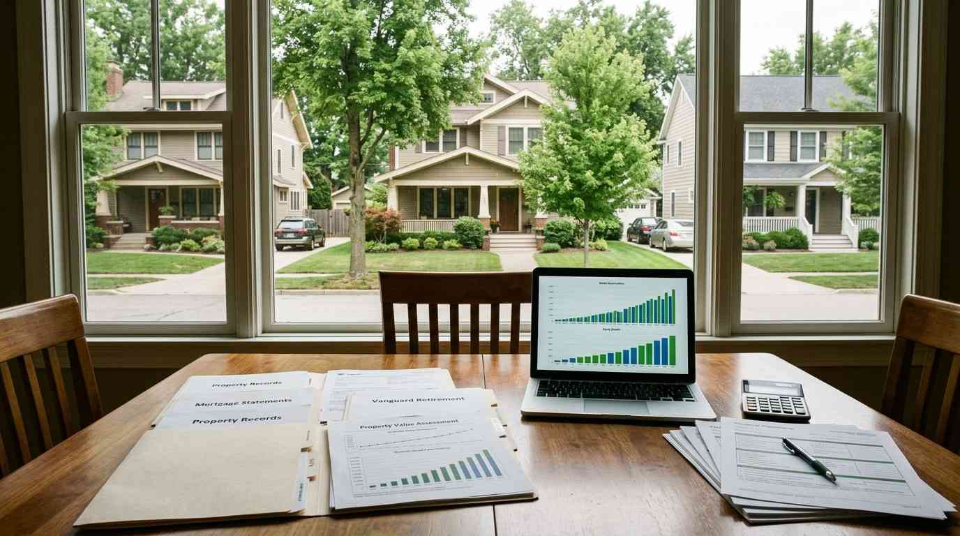 Middle-class suburban homes and financial planning documents representing long-term wealth building through homeownership, real estate appreciation, mortgage payoff, and disciplined financial management.