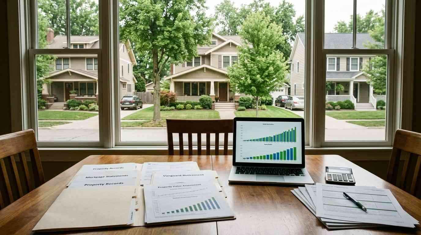 Suburban home with mortgage application documents, credit report paperwork, budgeting materials, and financial planning tools, illustrating the process of qualifying for a home loan based on credit score and financial readiness.