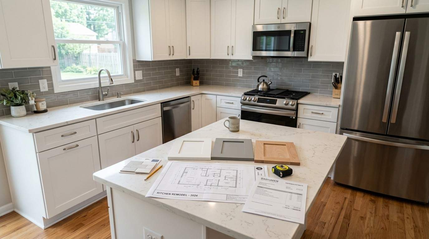 Modernized suburban kitchen featuring shaker cabinets, quartz countertops, stainless steel appliances, updated lighting, and renovation planning materials, illustrating what a realistic $30,000 kitchen remodel can achieve.