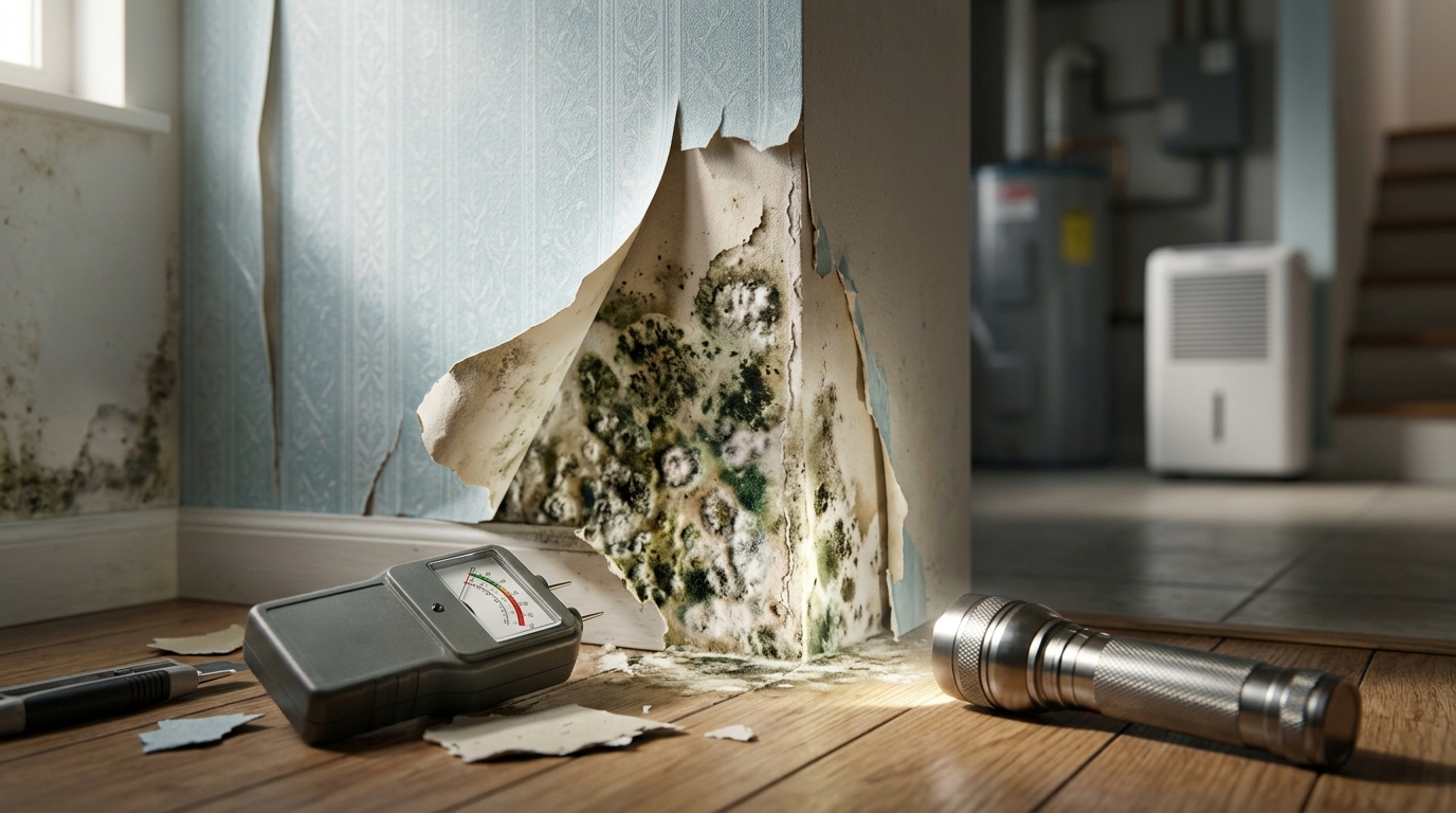 Mold growth behind peeling wallpaper after water damage, with a moisture meter and flashlight used for inspection.