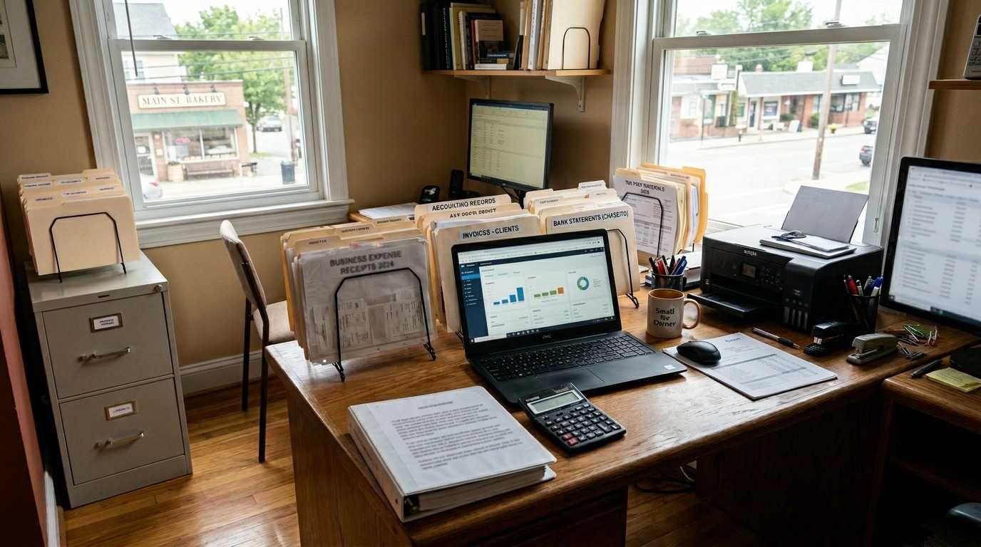 Organized small business workspace with receipts, accounting records, invoices, tax preparation documents, budgeting materials, and financial planning tools used to track deductible business expenses.