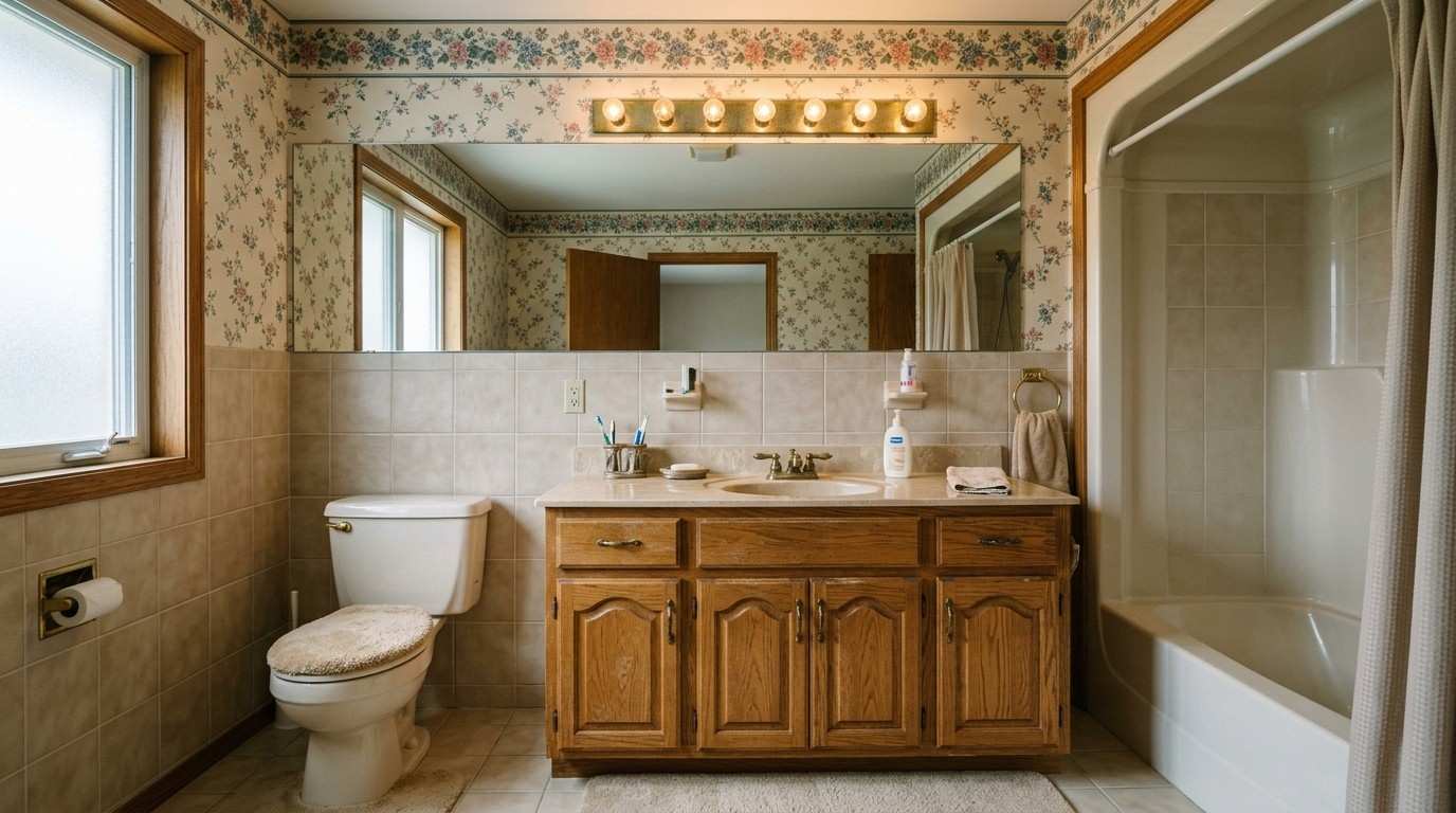 Clean but outdated suburban bathroom featuring an oak vanity, brass fixtures, cultured marble countertop, beige tile, large wall mirror, and older design elements that make the space feel dated compared to modern bathroom styles.