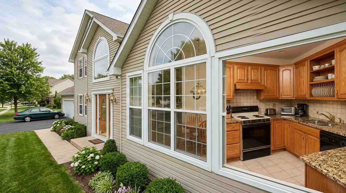 Well-maintained suburban home featuring oak cabinets, beige tile, brass fixtures, dated color schemes, older architectural details, and builder-grade finishes that make the property feel outdated compared to modern homes.