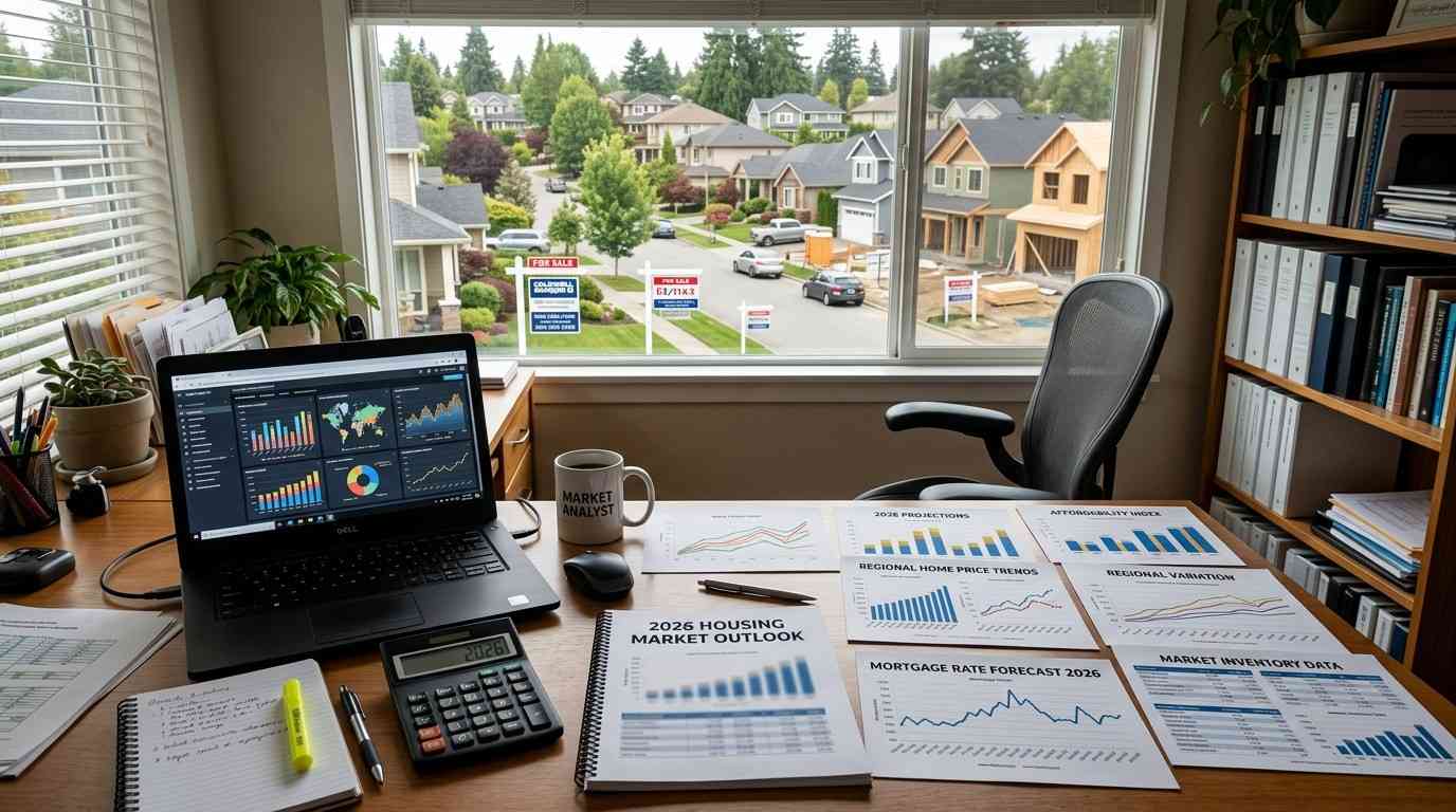 Suburban neighborhood with housing market reports, mortgage rate data, property valuation documents, and home affordability materials, illustrating uncertainty about future home price trends and real estate market conditions in 2026.