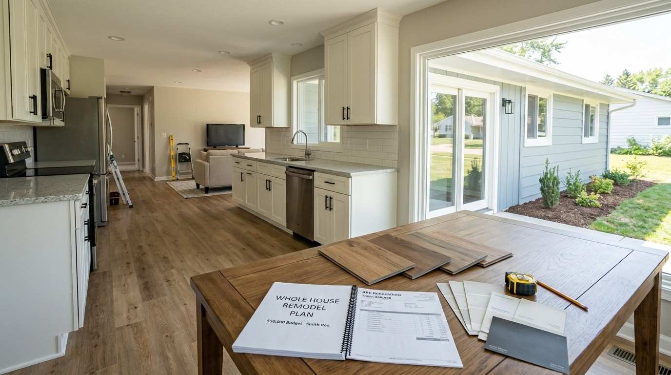 Updated suburban home featuring a remodeled kitchen, refreshed bathroom, new flooring, fresh paint, improved landscaping, and renovation planning materials, illustrating the realistic improvements possible with a $50,000 home remodeling budget.