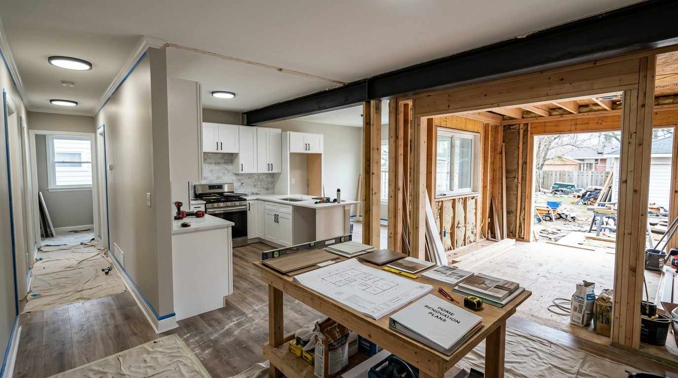Suburban home showing cosmetic upgrades, kitchen and bathroom renovations, structural modifications, and home additions, illustrating the four major types of residential remodeling projects.