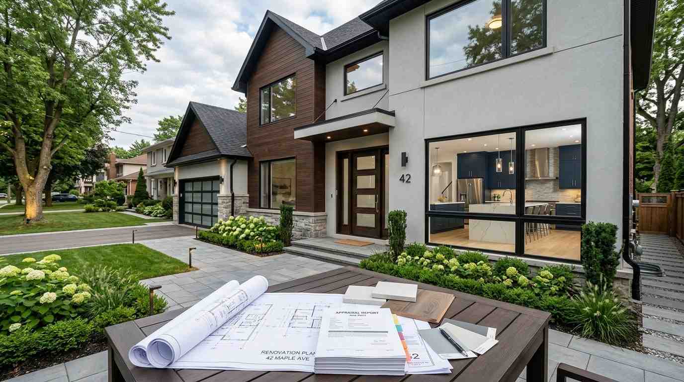 Extensively upgraded suburban home featuring a luxury kitchen remodel, home addition, renovated bathrooms, new roof, professional landscaping, and architectural plans, illustrating the types of improvements that can add $100,000 or more in property value.