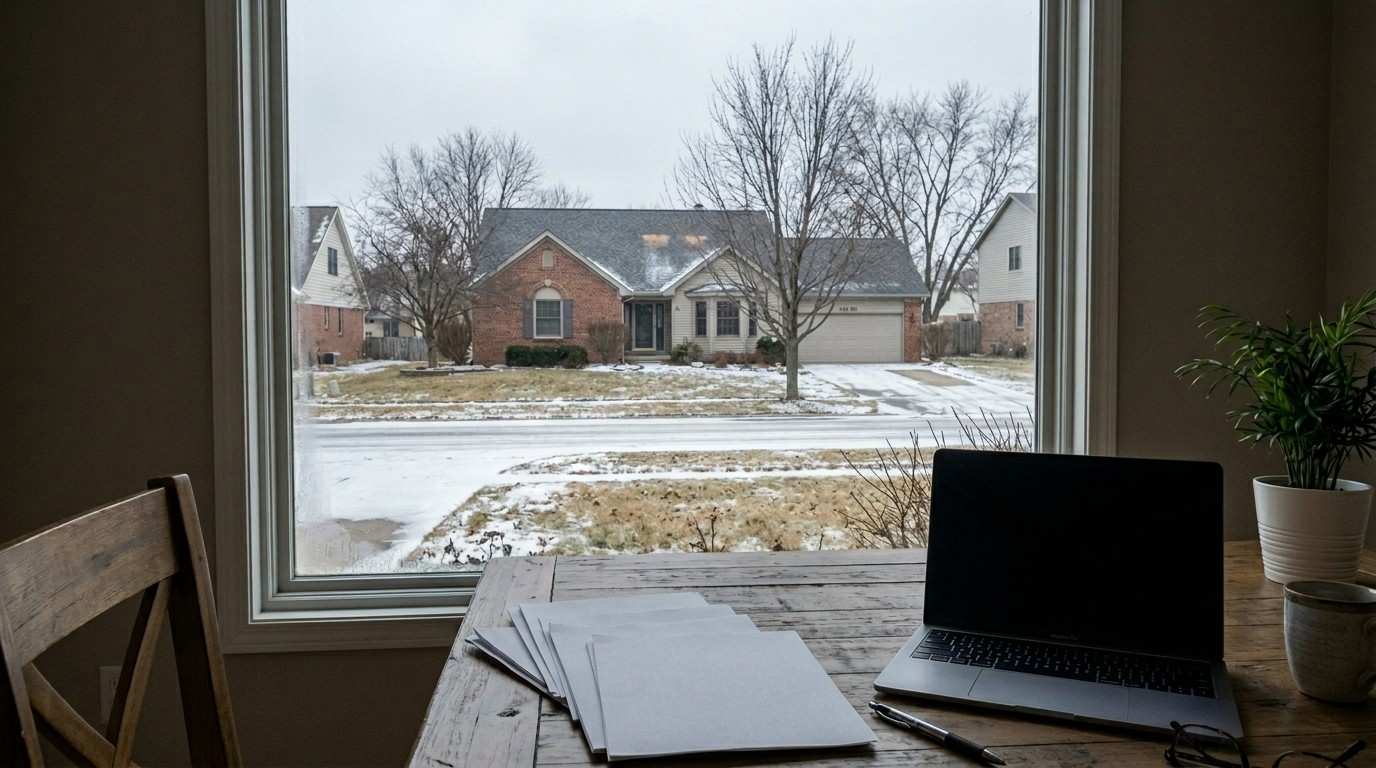 Suburban home listed for sale during winter with bare trees, dormant landscaping, seasonal curb appeal challenges, and real estate planning documents, illustrating the slowest period of the year for home sales.