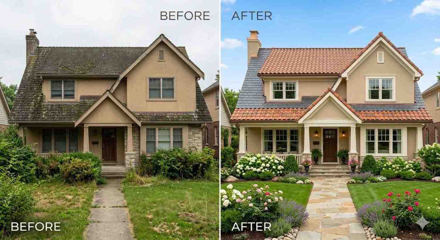 Before and after home exterior renovation featuring upgraded Tile & Slate Roofing, fresh facade, and landscaped front yard with clean walkway and vibrant plants