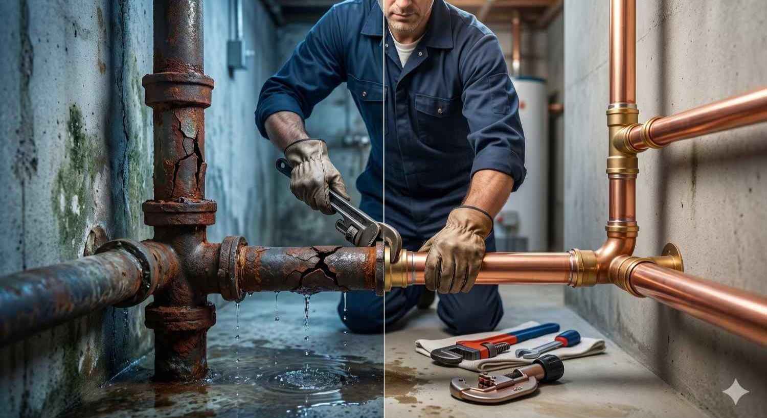 Plumber repairing a leaking, corroded copper pipe in a basement using wrench tools, showcasing professional Pipe Repair & Replacement service to fix water damage and restore plumbing system