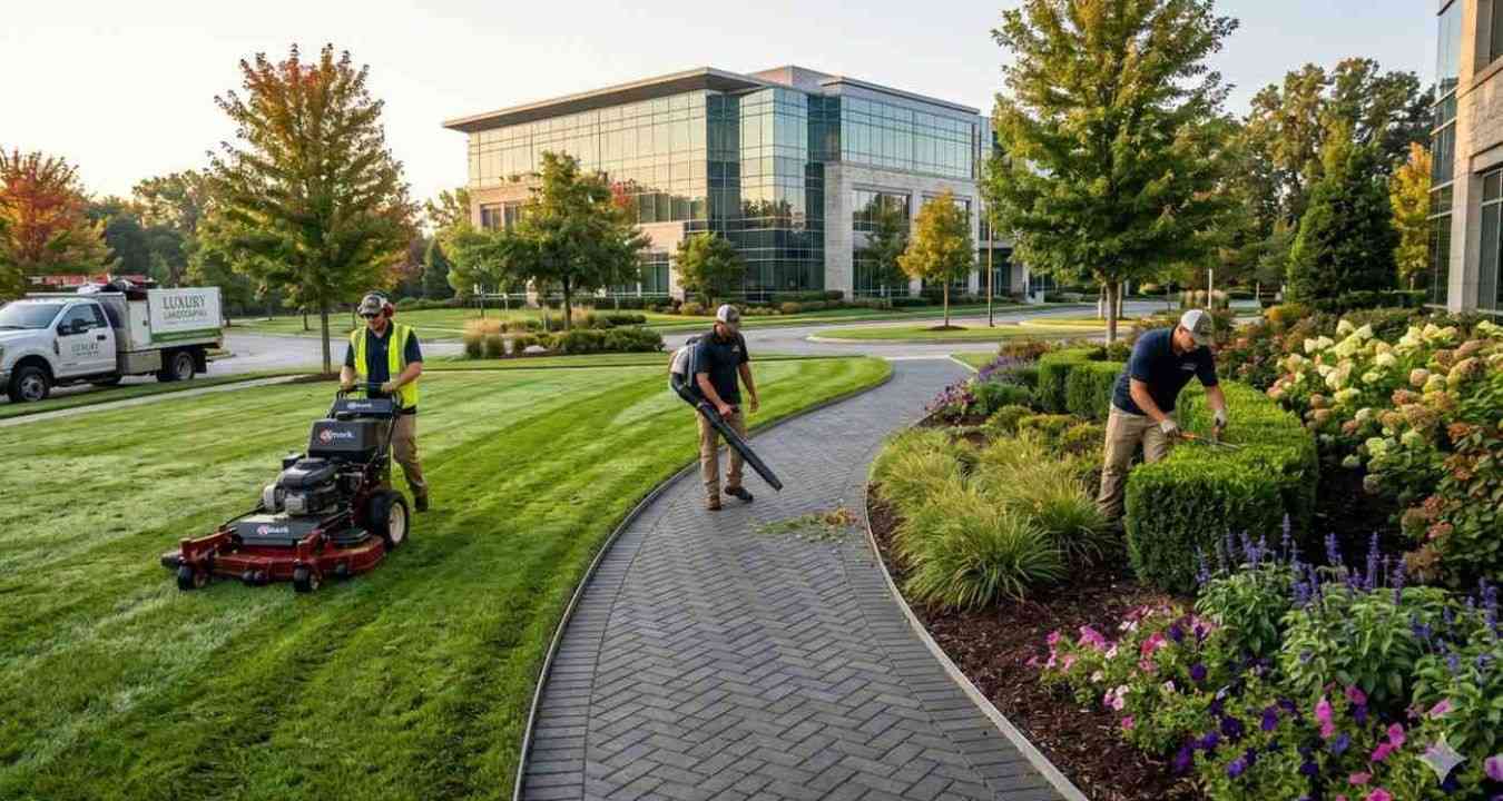 Commercial landscape maintenance crew mowing grass, trimming shrubs, and clearing walkways outside a modern office building with manicured gardens and professional landscaping