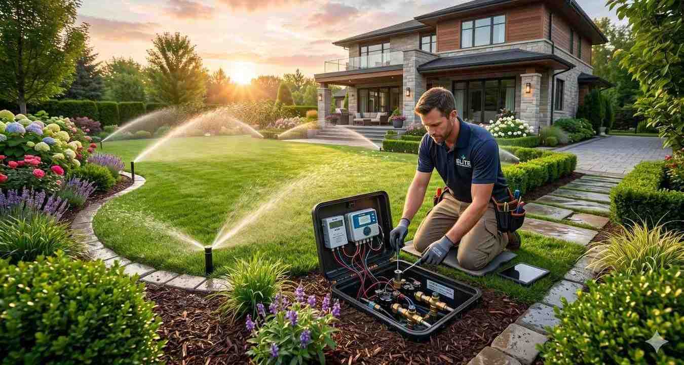 Technician servicing a residential irrigation system with automated lawn sprinklers in a landscaped backyard at sunset near a modern luxury home