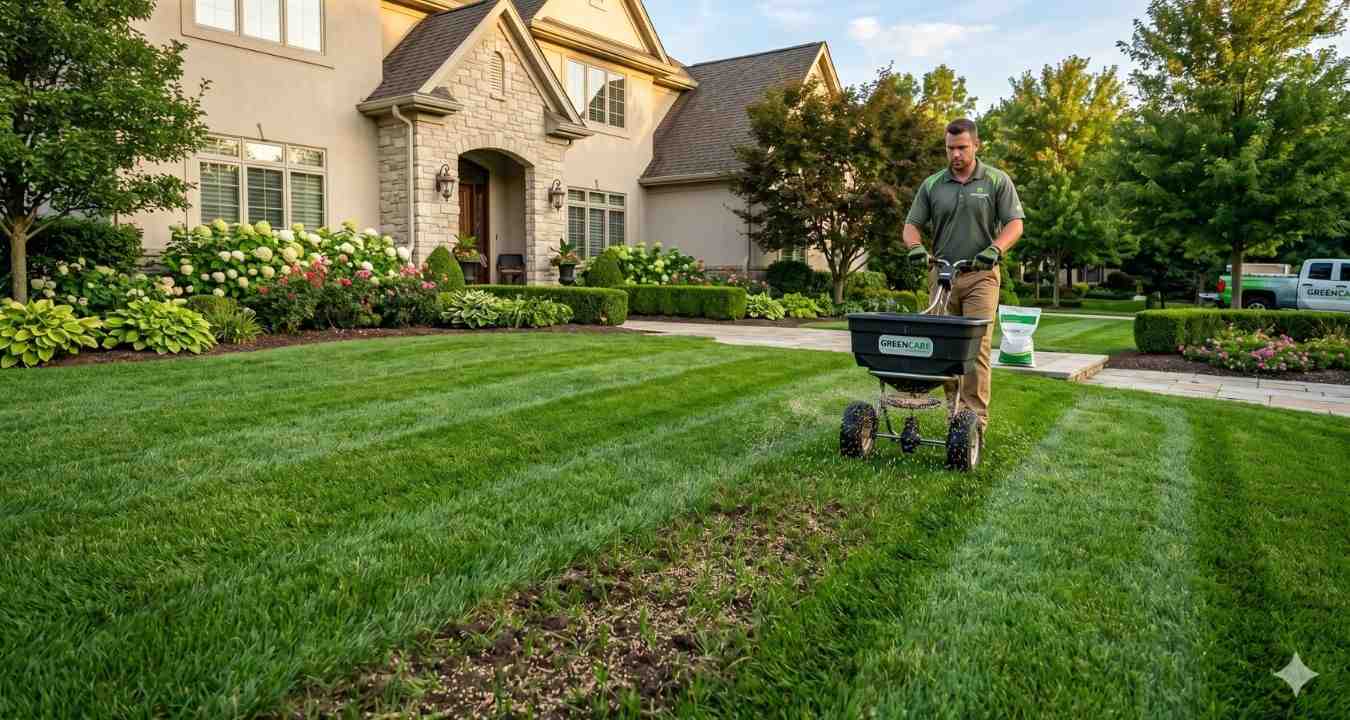Lawn care services technician spreading grass seed and fertilizer on a residential lawn in front of a landscaped suburban home