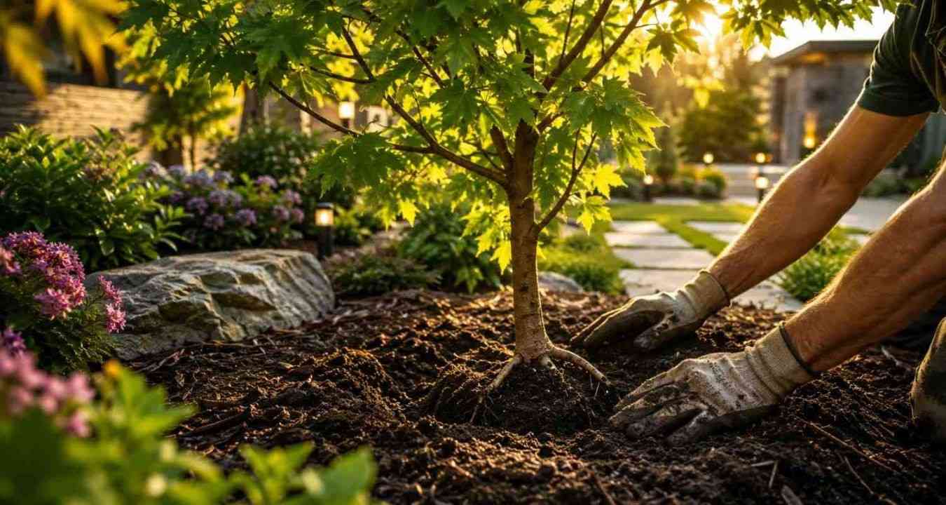 Landscaping crew performing tree and plant installation in a residential garden with fresh mulch, manicured lawn, and decorative landscaping around a luxury home