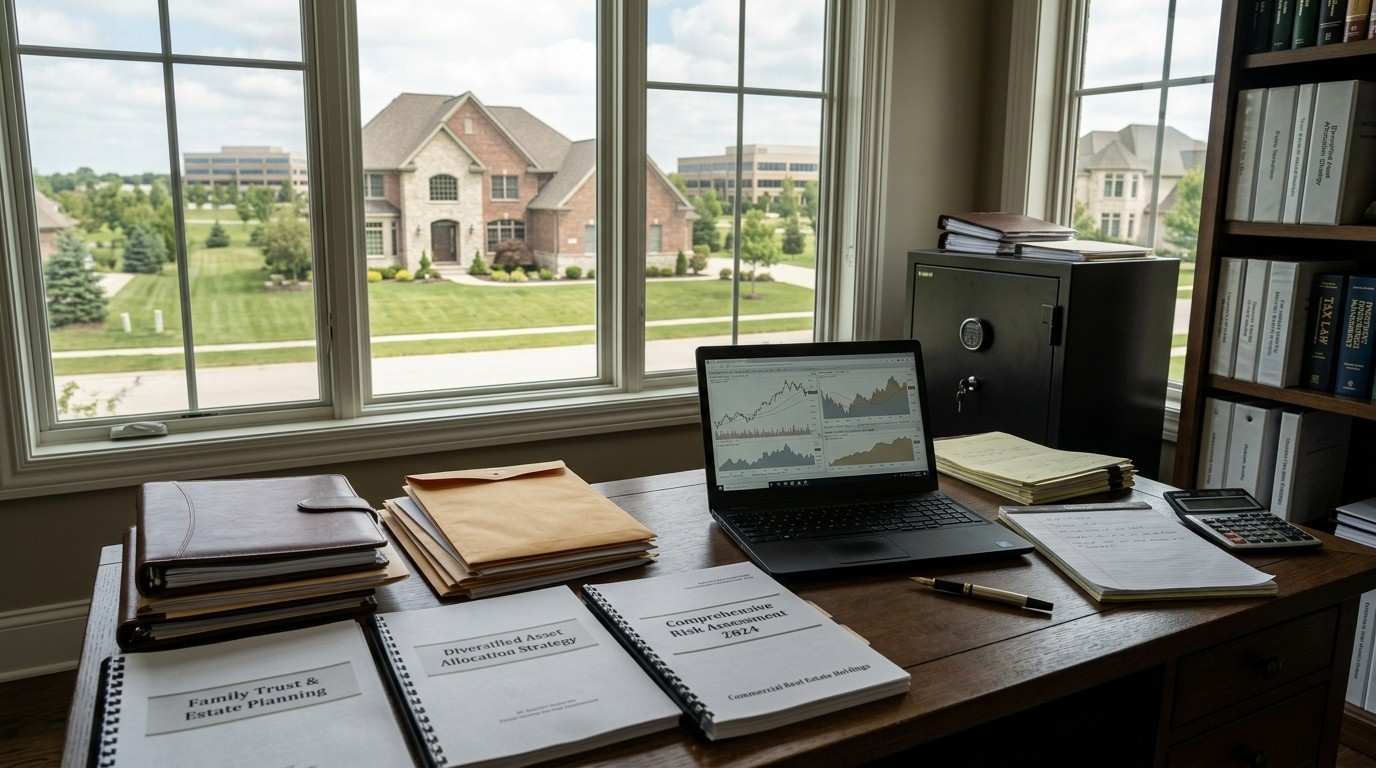 Luxury home office with investment reports, estate planning documents, real estate records, and wealth preservation materials, representing concerns about protecting assets, financial security, and long-term legacy.