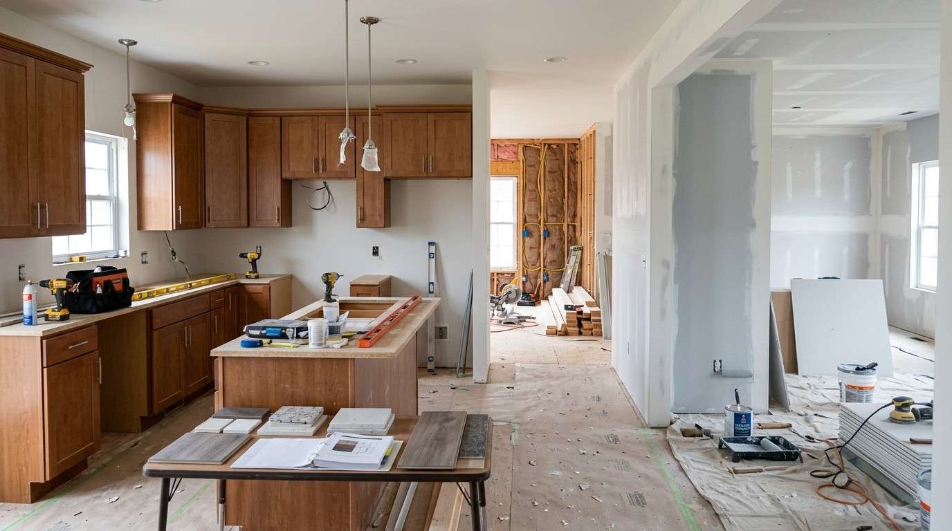 Suburban home undergoing renovation with rooms in different stages including demolition, electrical and plumbing work, drywall installation, painting, flooring, cabinetry, and final finishes, illustrating the proper order of a whole-house remodel.