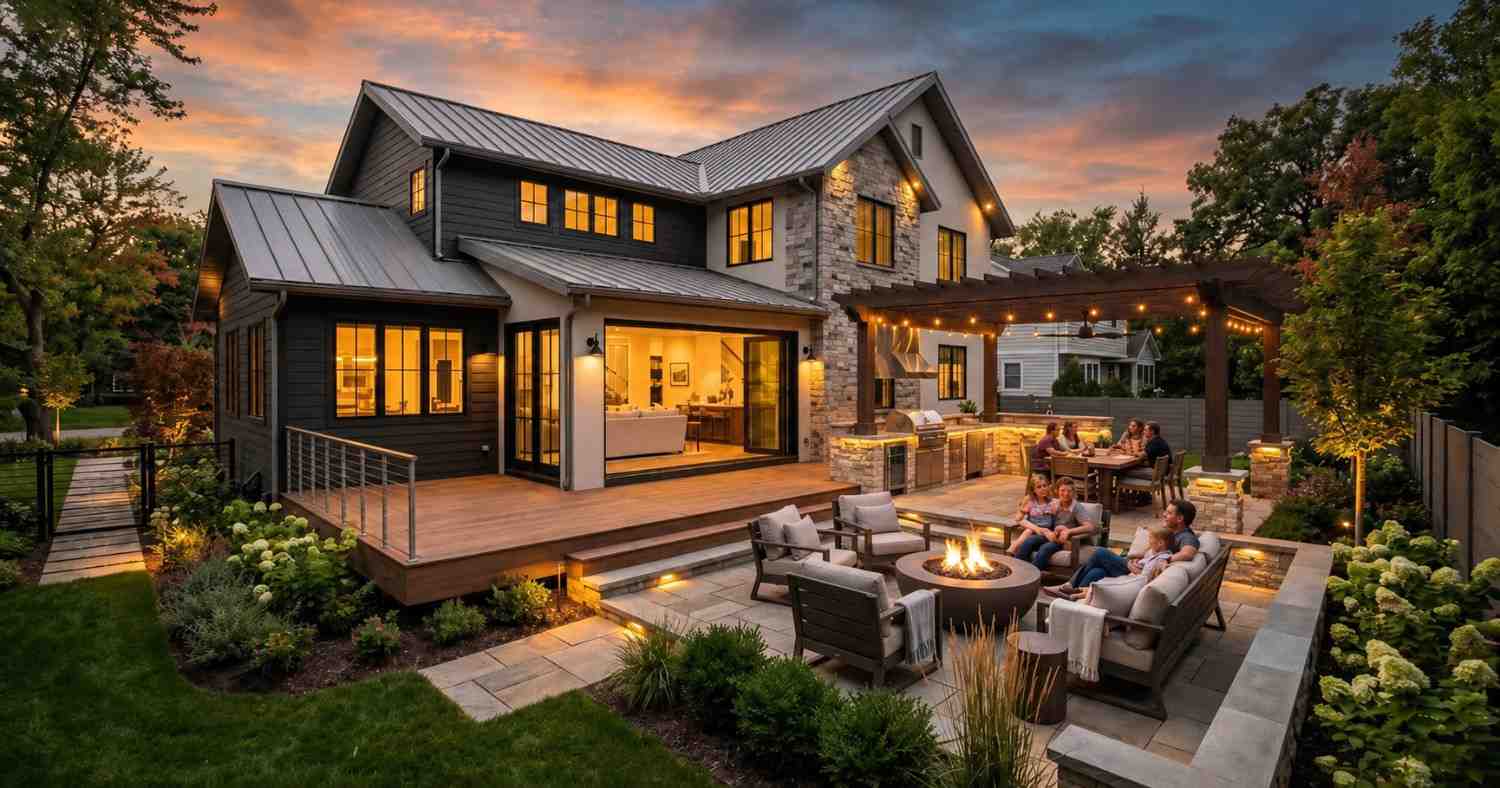 Luxury modern farmhouse exterior at sunset featuring landscaped backyard patio with fire pit seating, outdoor kitchen, pergola dining area, and warm architectural lighting. Contemporary two-story home includes metal roofing, stone accents, expansive windows, and wooden deck. Families gather outdoors enjoying entertainment spaces surrounded by lush gardens and professionally designed residential hardscaping