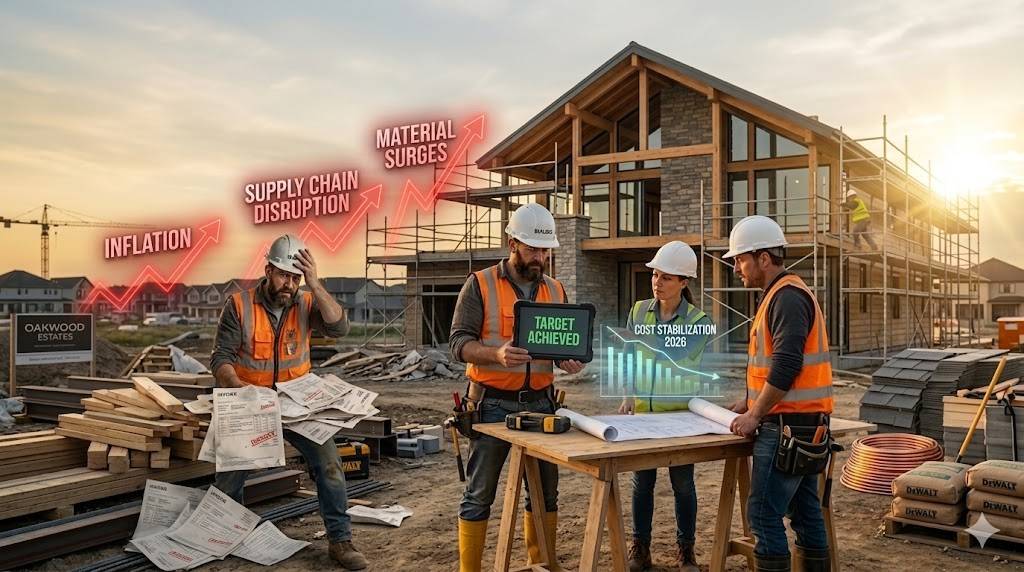Construction workers review project plans at a residential building site amid rising inflation, supply chain disruptions, and material cost increases. Digital graphics highlight budget stabilization efforts during ongoing home construction.