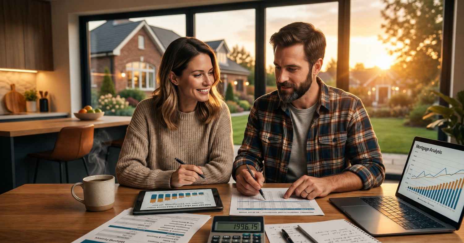 Couple reviewing mortgage documents and interest rate charts at a kitchen table in a modern home. Financial reports, a calculator, tablet, and laptop displaying mortgage analysis highlight home financing, budgeting, and long-term housing costs