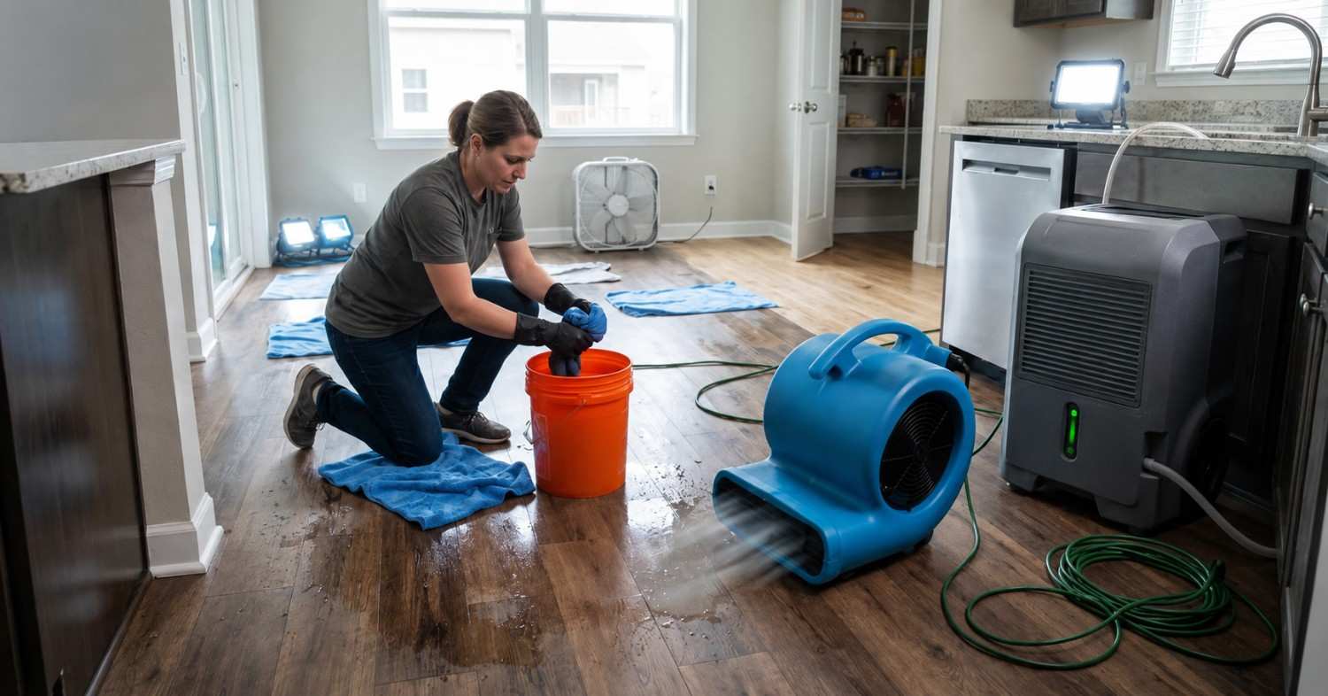 A homeowner cleans water-damaged flooring in a kitchen using towels and buckets while industrial air movers and dehumidifiers dry the room, showing an active residential water damage restoration process