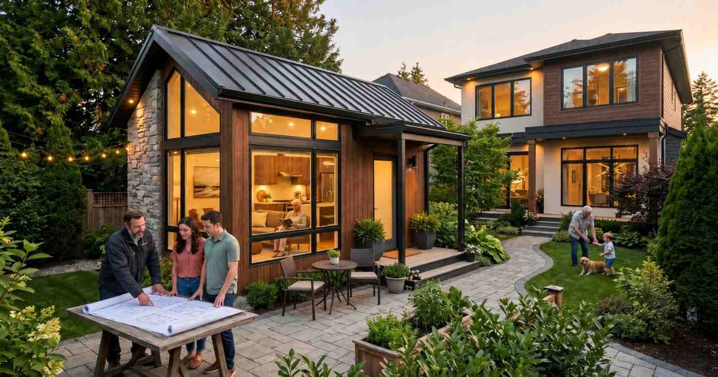 Modern backyard accessory dwelling unit with warm interior lighting, metal roof, and large glass windows beside a contemporary family home. Homeowners and contractor review building plans outdoors while residents enjoy landscaped gardens and patio spaces. Cozy ADU design highlights multigenerational living, compact sustainable housing, modern architecture, and functional residential backyard development at sunset