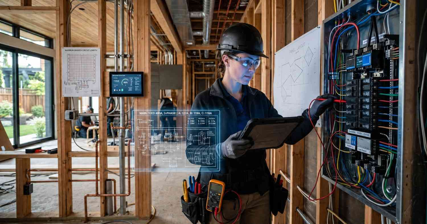 An electrician wearing safety gear inspects a residential electrical panel inside a home under construction. Holding a tablet, the technician reviews wiring diagrams and smart system data while testing circuits in the unfinished interior