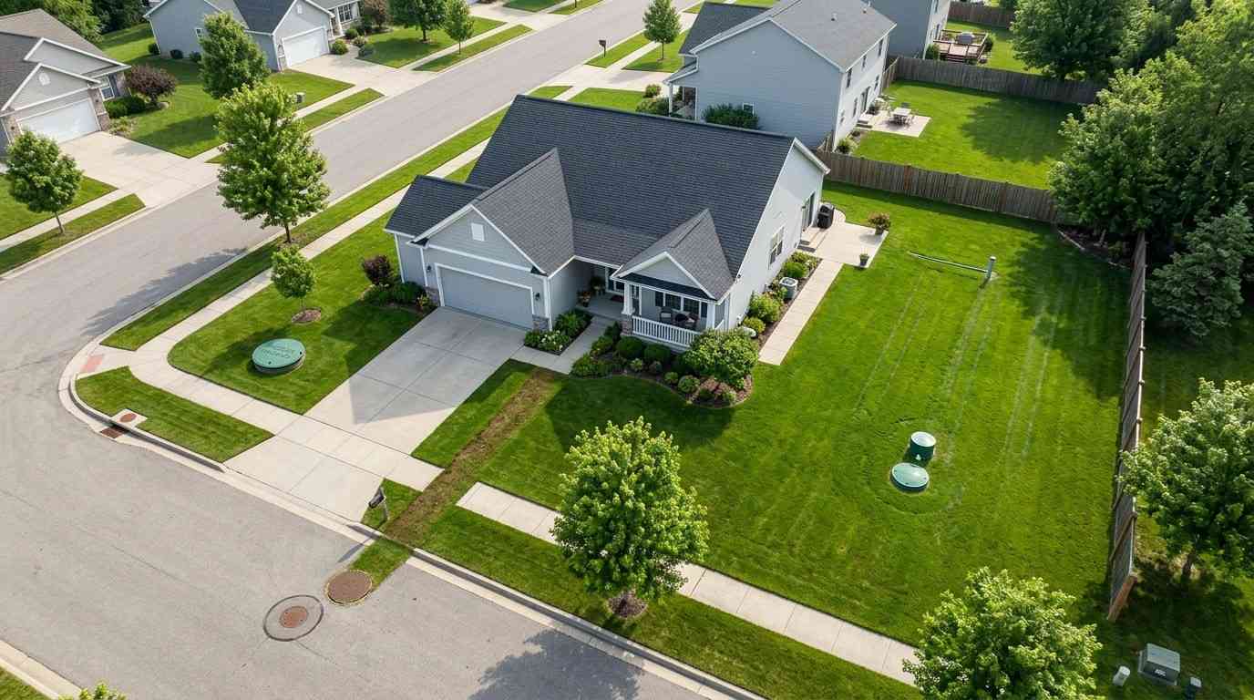 Aerial view of suburban home with visible utility access points and large backyard