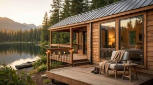 Cozy park model home with a lakeside deck overlooking a forested mountain landscape.