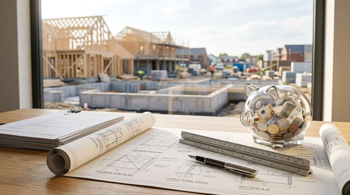 Piggy bank, blueprints, and construction plans on a desk overlooking a residential building site.