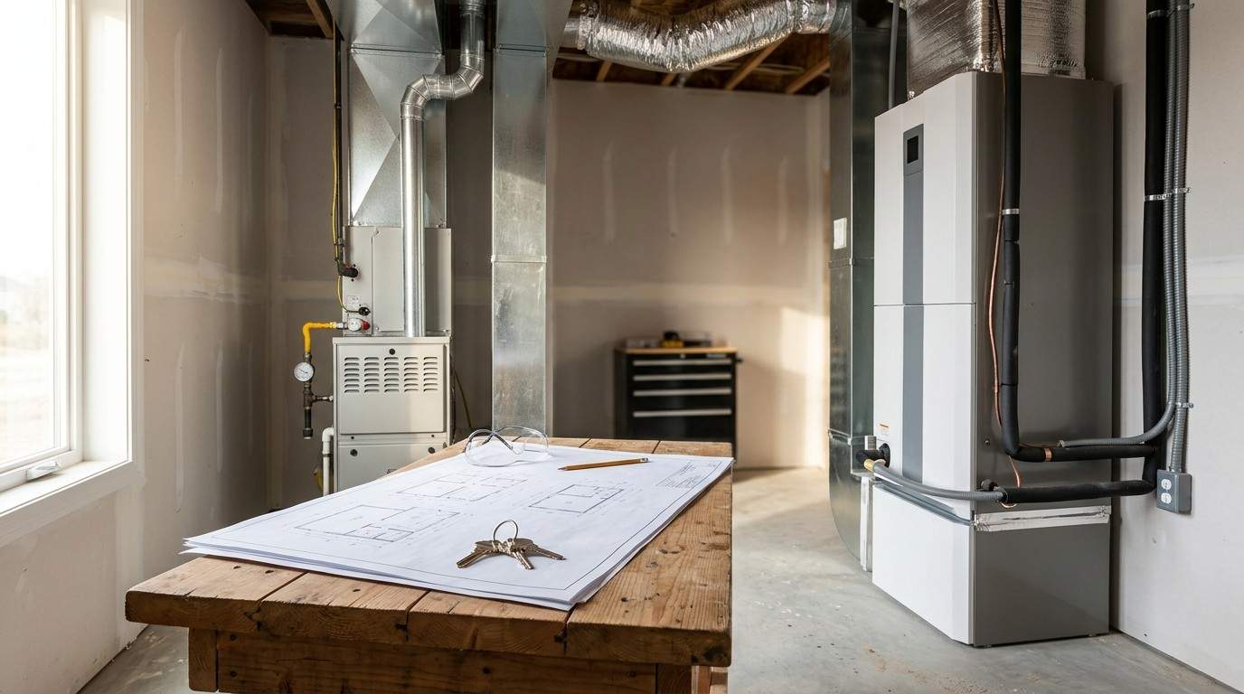 Residential HVAC installation with furnace, heat pump system, and home construction plans in a utility room.