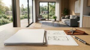 Home insurance paperwork and floor plans on a table with keys, overlooking a modern park model home living space.