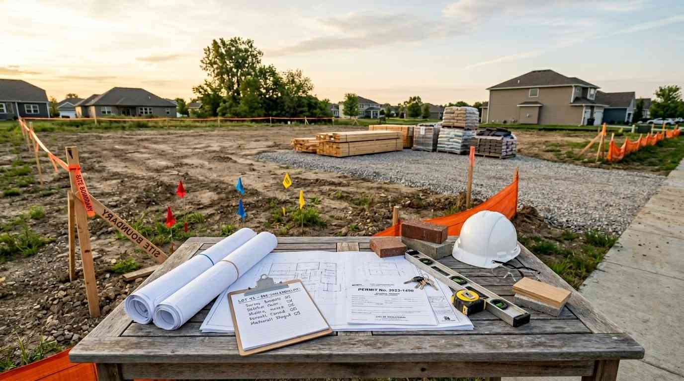 Construction site with building plans, permits, and tools on a planning table.