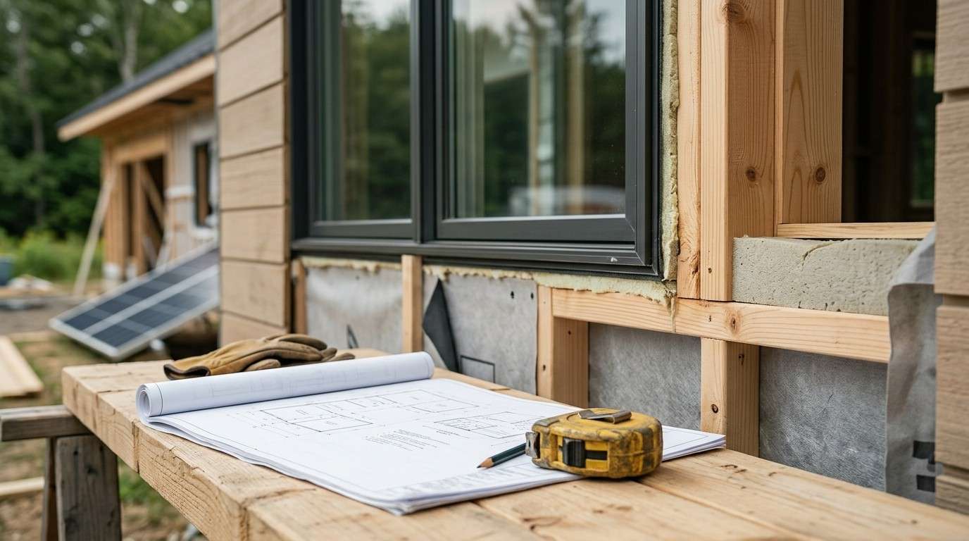 Energy-efficient home construction with insulation, blueprints, and measuring tools.