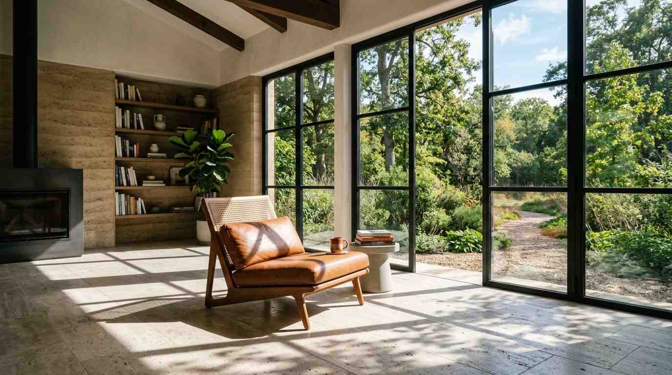 Bright living room with large windows for passive solar design.