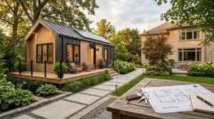 Modern backyard guest house with landscaped garden, deck seating, and floor plans on a table beside a main residence.