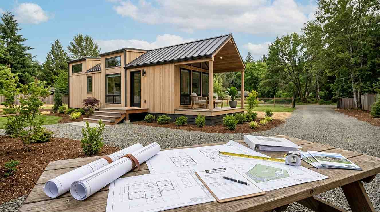 Modern tiny home with a covered front porch and landscaped yard, viewed from a site planning table covered with blueprints, measurements, and property documents.