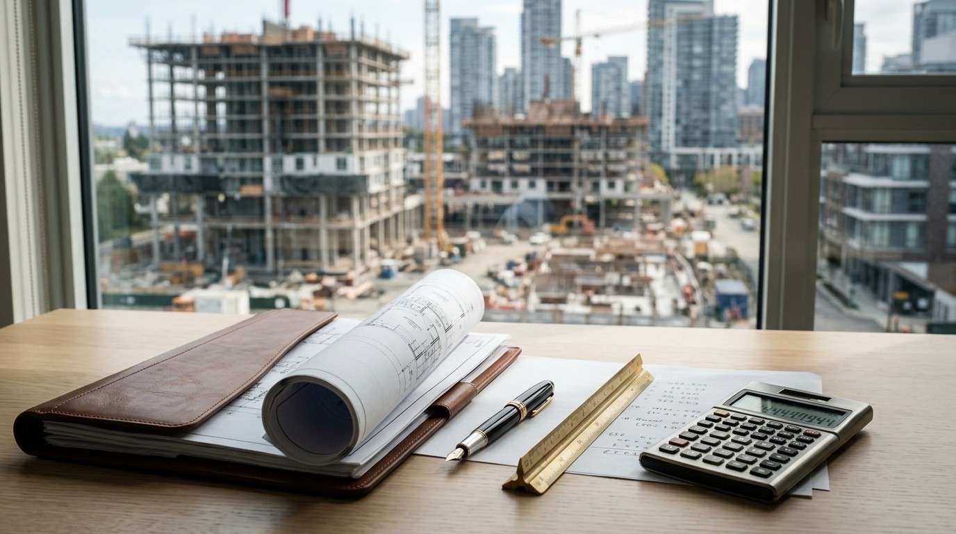 Construction plans, calculator, and budget documents on a desk overlooking an urban building site.