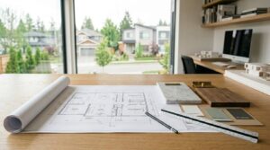 Architectural floor plan with material samples and design tools.