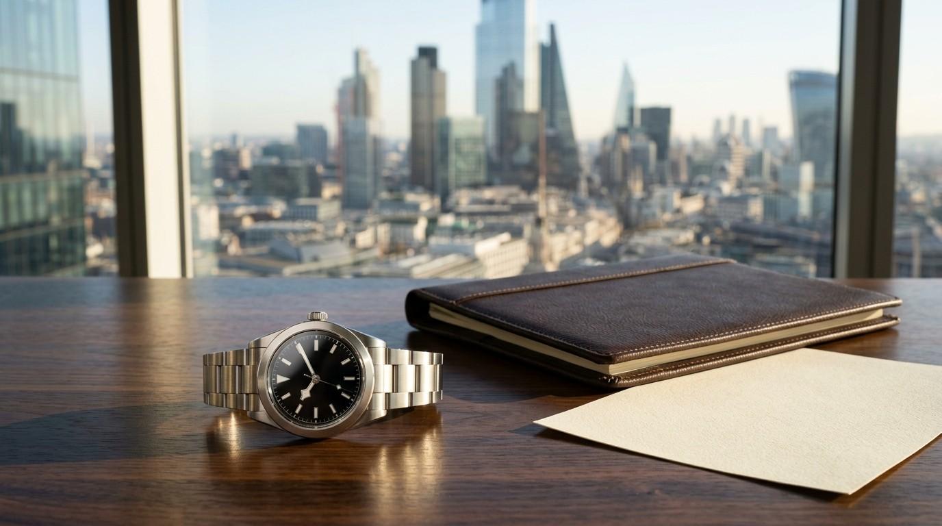 Luxury wristwatch, leather planner, and envelope on a desk overlooking a modern city skyline through floor-to-ceiling windows.