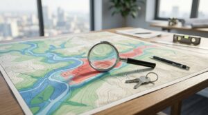 Flood zone assessment documents and property plans overlooking a waterfront residential community.