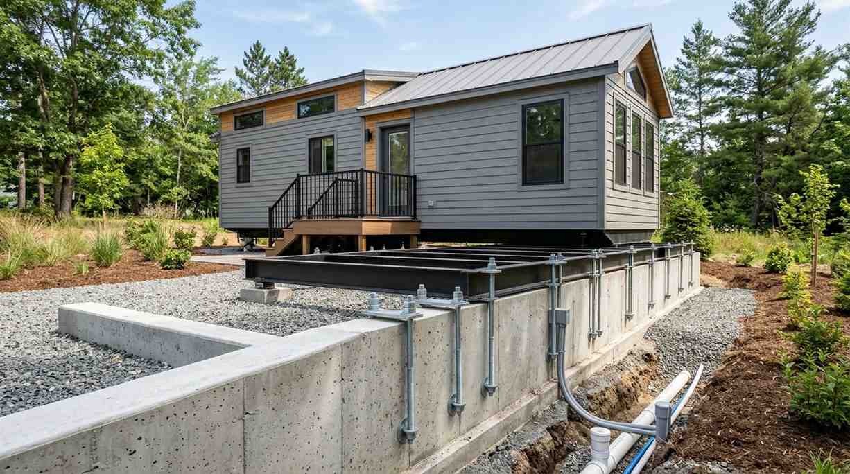 Park model home beside a permanent foundation system with concrete walls, steel supports, and utility connections.