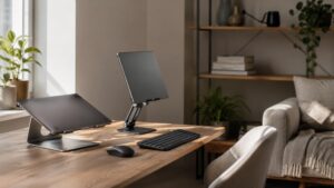 Ergonomic home office setup with laptop stand, monitor stand, keyboard, and mouse on a wooden desk.