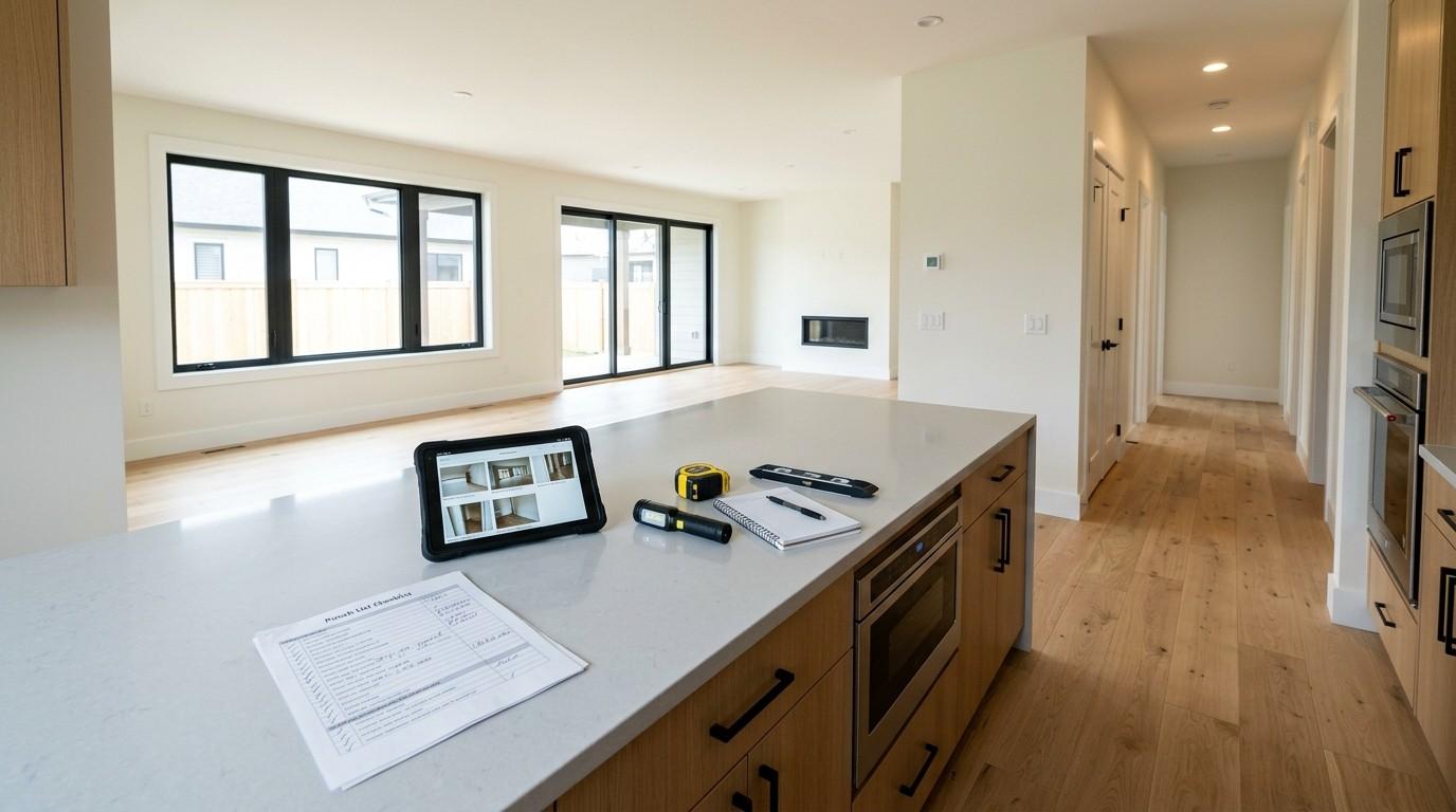 Modern kitchen island with home inspection checklist, measuring tools, and a tablet in a newly built house.