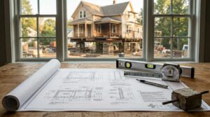 Blueprints and construction tools on a workbench with a house foundation project in the background.