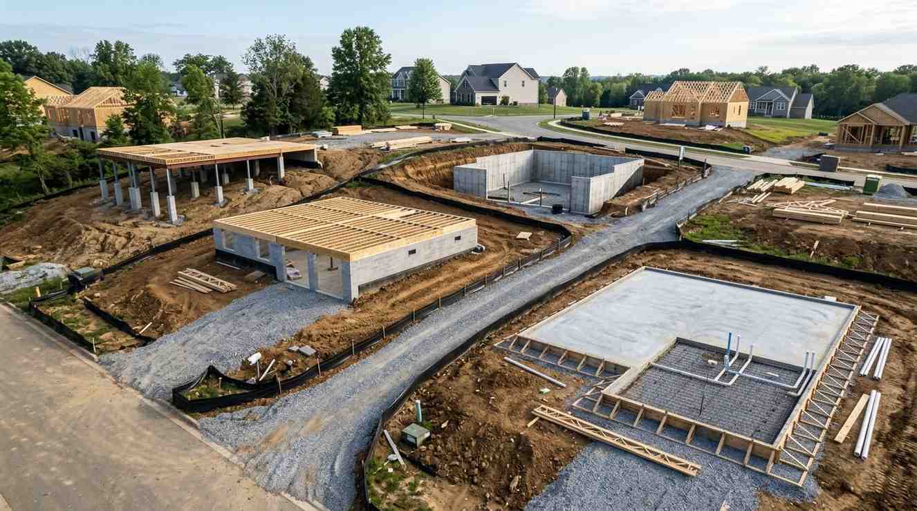 Aerial view of multiple residential homes under construction showing foundations, basements, framing, and site development stages