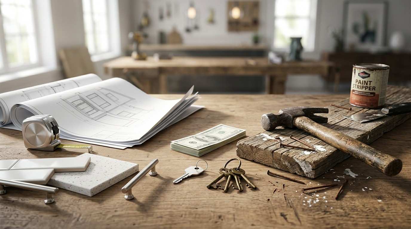 Home renovation planning materials, tools, keys, and cash displayed on a workbench, comparing property investment and remodeling options.