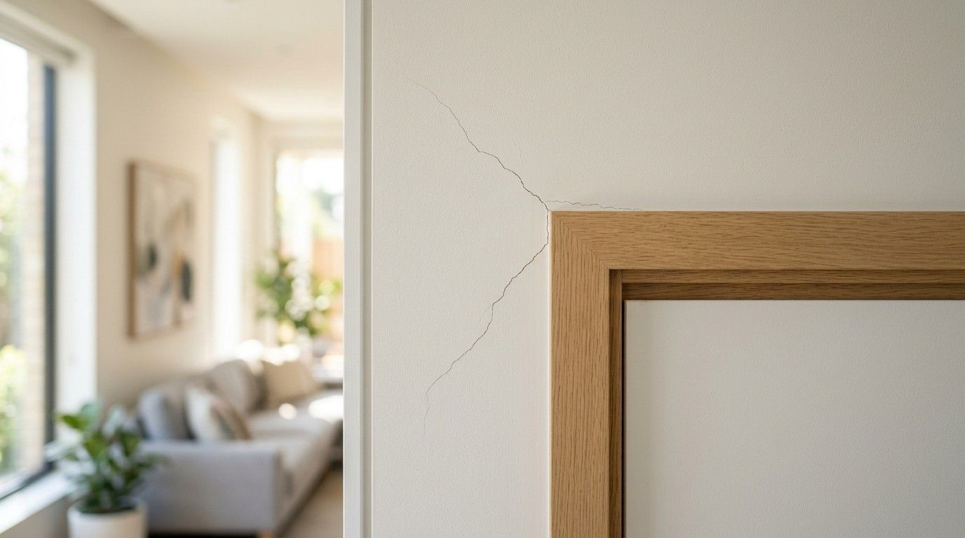 Close-up of a wall crack near a wooden door frame in a modern living room with natural light and greenery.